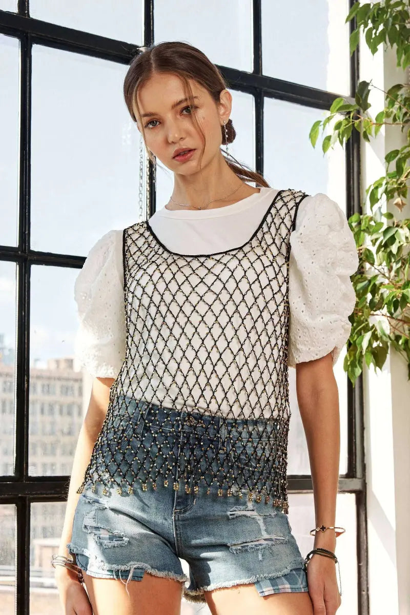 ADORA Beads Accent Fishnet Tank Top for Bold Fashion Style - Love Salve